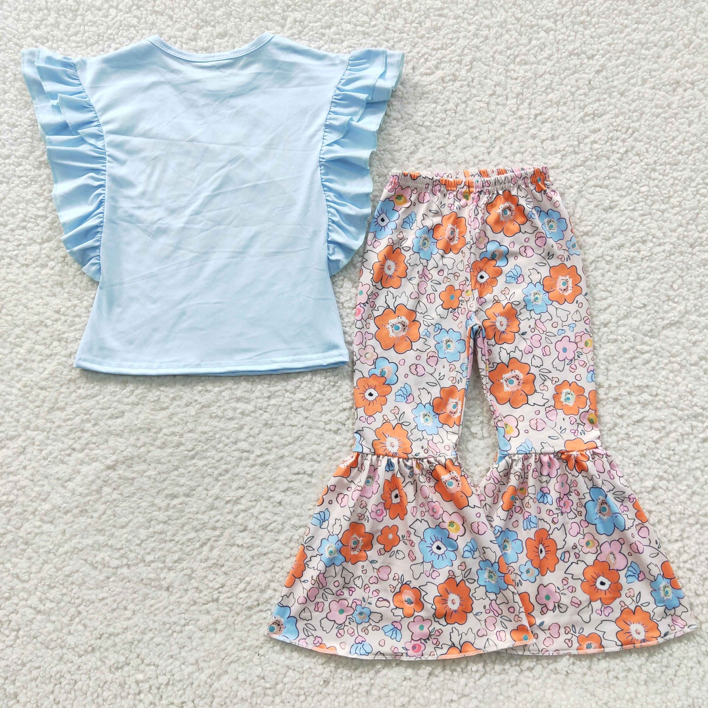 GSPO0539 Blue Floral Trouble Never Looked So Sweet Girls Short Sleeve Bell Bottom Pants Outfits