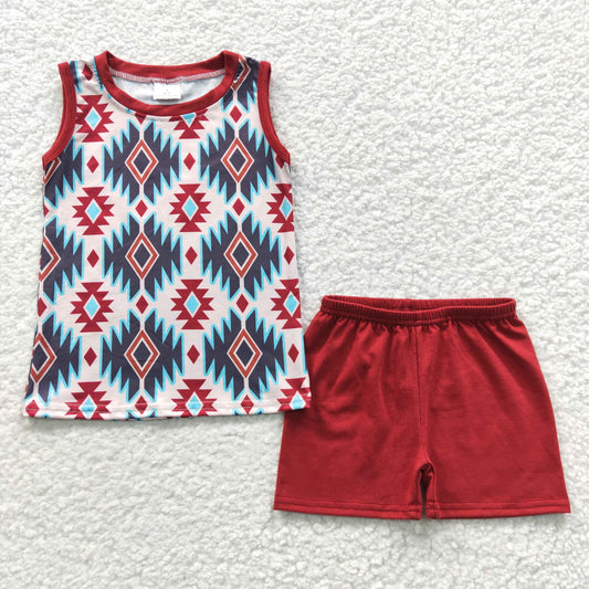 BSSO0215 Red Western Print Boys Short Sleeve Shorts Outfits