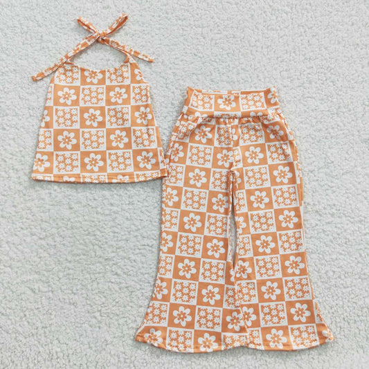 GSPO0519 Orange Floral Girls Short Sleeve Bell Bottom Pants Outfits