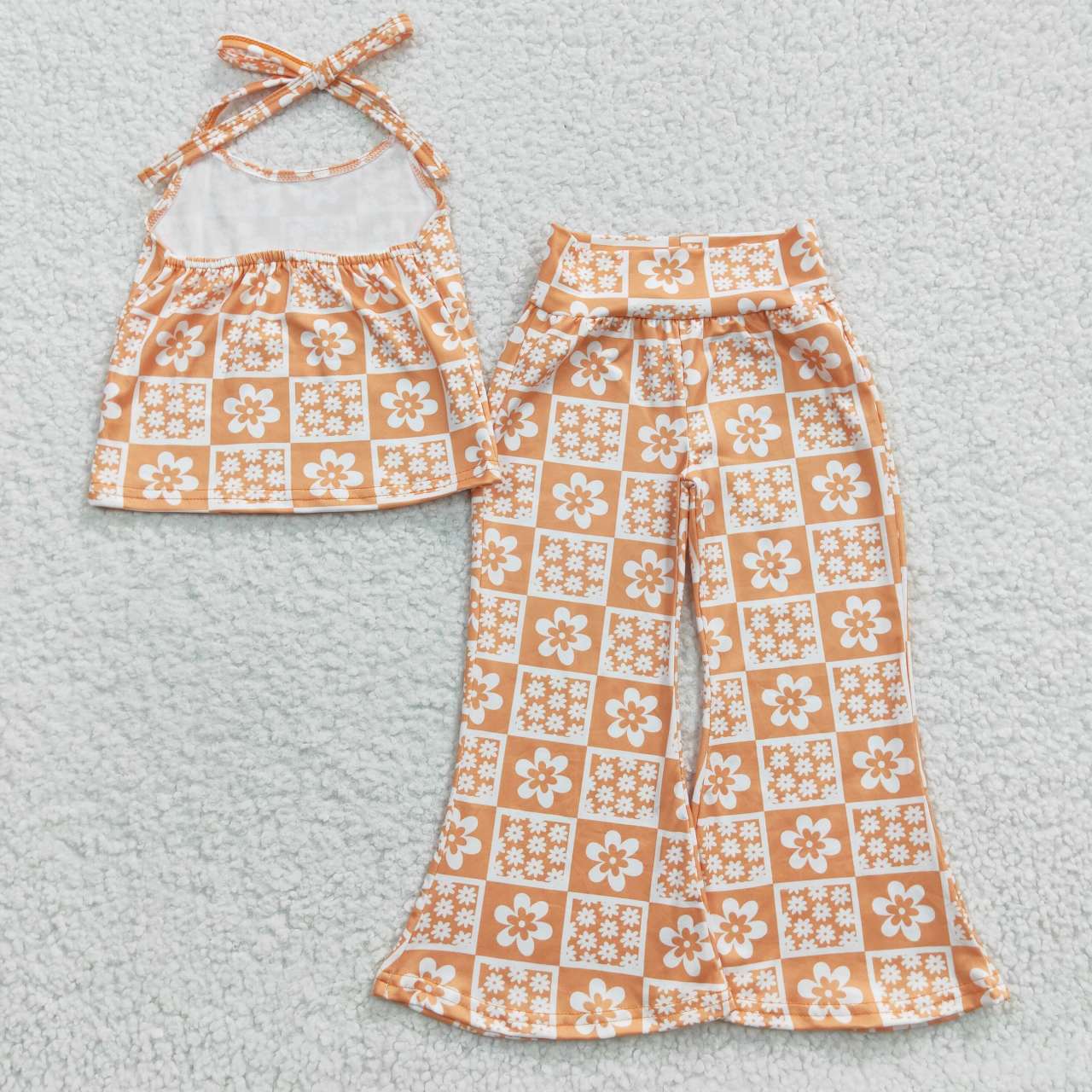 GSPO0519 Orange Floral Girls Short Sleeve Bell Bottom Pants Outfits