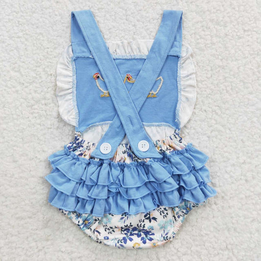 SR0285 Blue Chicken Embroidery Girls Short Sleeve Romper