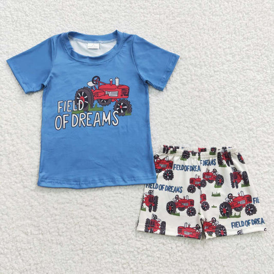 BSSO0190 Blue Field Of Dreams Farm Truck Boys Short Sleeve Shorts Outfits