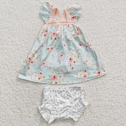 GBO0115 Green Pink Floral Girls Sleeveless Bummies Outfits