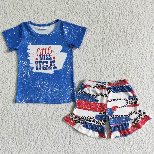 NC0005 4th Of July Little Miss USA Blue Leopard Girls Short Sleeve Shorts Outfits