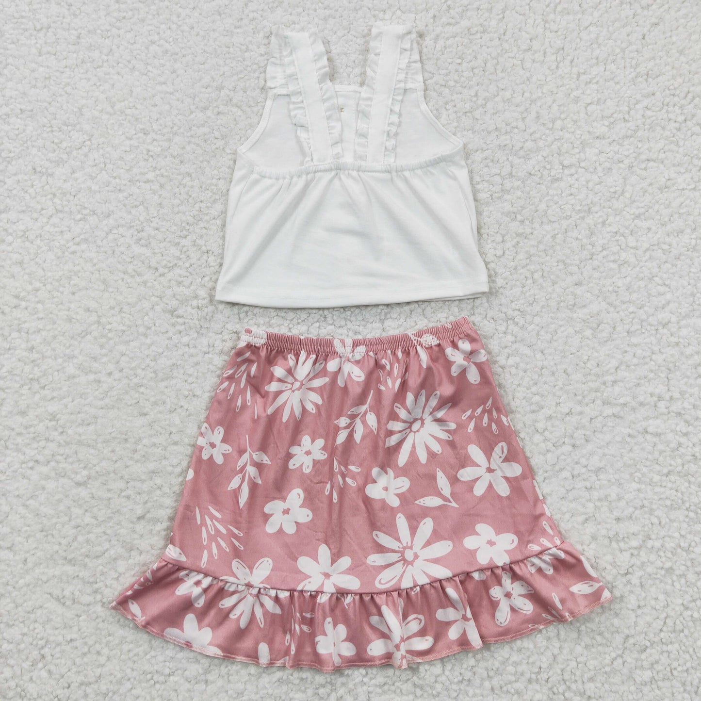 GSD0270 White Pink Floral Girls Short Sleeve With Skirt Dress Outfits