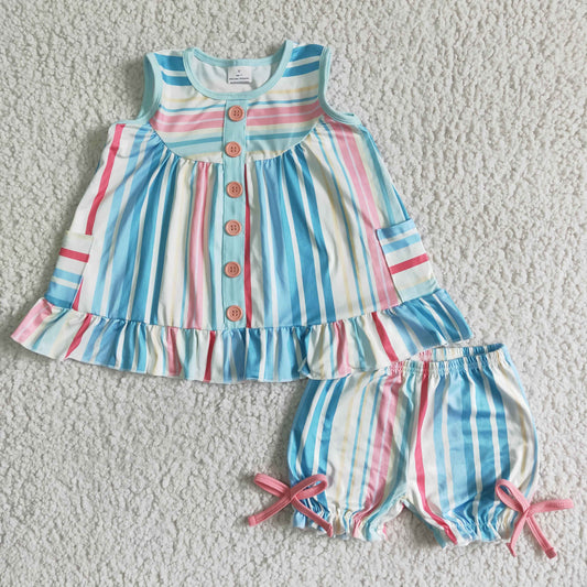 GSSO0045 Pink Blue Stripes Girls Sleeveless Shorts Outfits