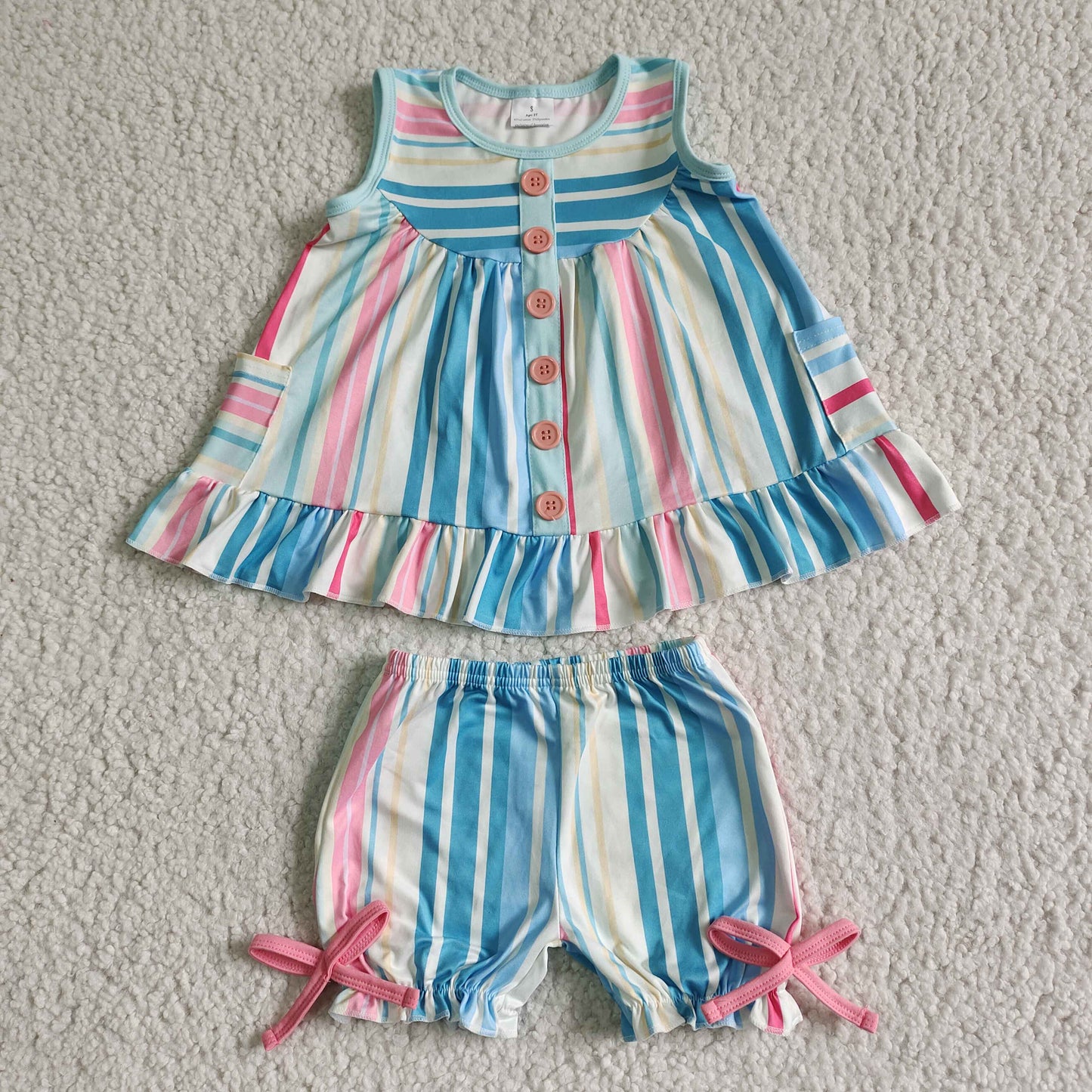 GSSO0045 Pink Blue Stripes Girls Sleeveless Shorts Outfits