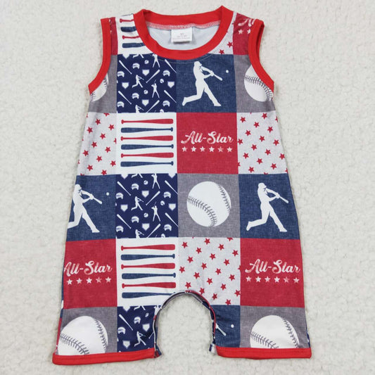 SR0356 4th Of July Red Blue All Star Softball Baseball Boys Short Sleeve Romper