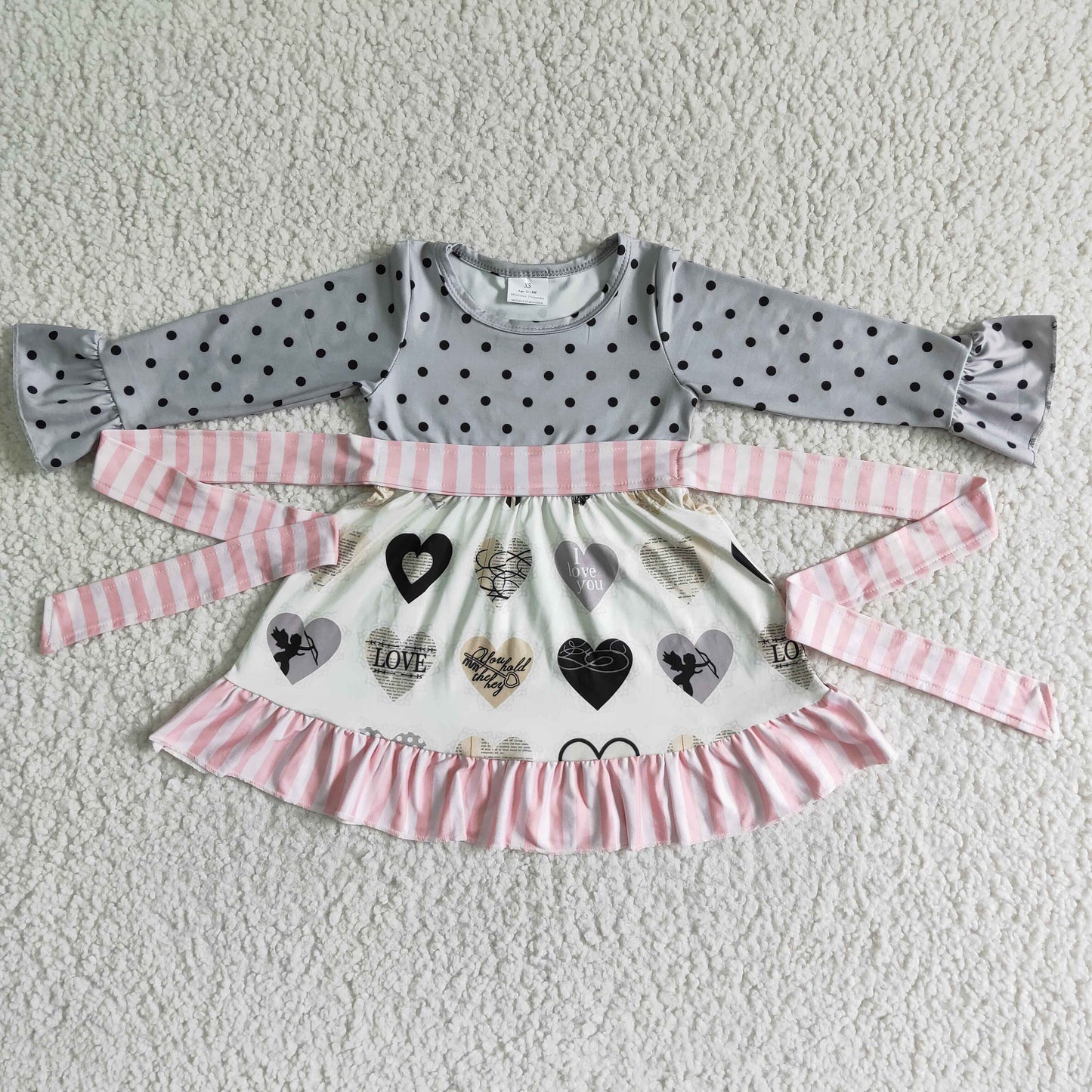 6 A33-13 Valentine Grey Pink Love Heart Belt Girls Long Sleeve Dresses