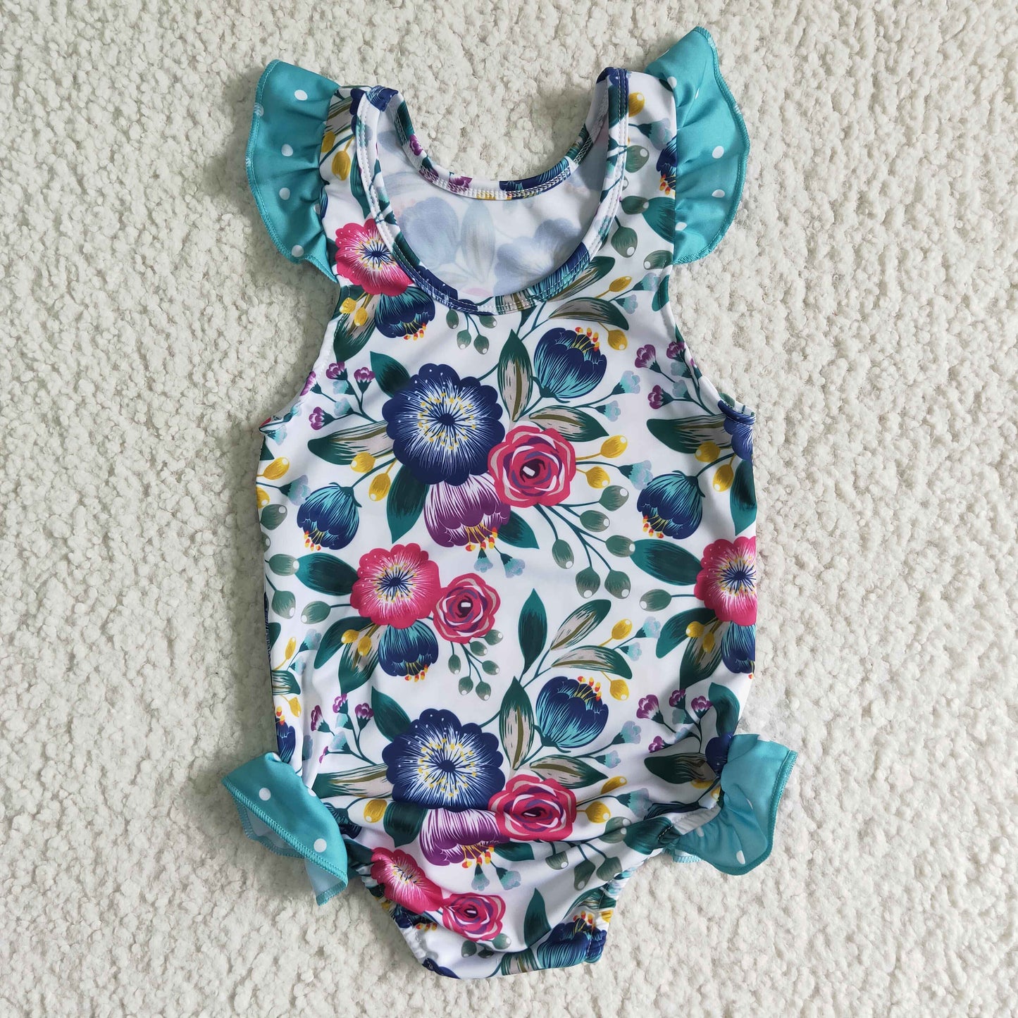 A13-13 Blue Floral Print Girls Swimming Bathing Suits Swimsuits