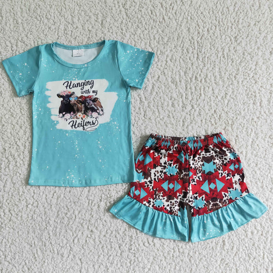 GSD0046 Blue Red Howdy Heifer Highland Cows Print Girls Short Sleeve Shorts Outfits