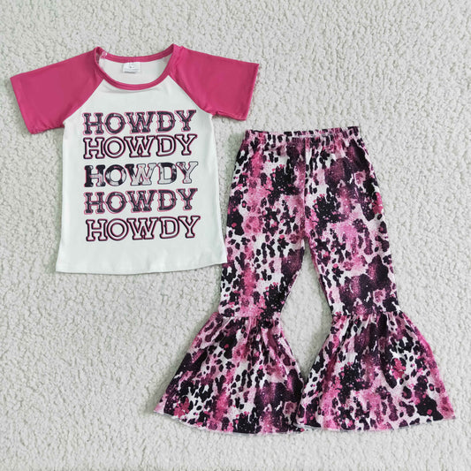 GSPO0018 Pink Howdy Cows Print Letter Girls Short Sleeve Pants Outfits