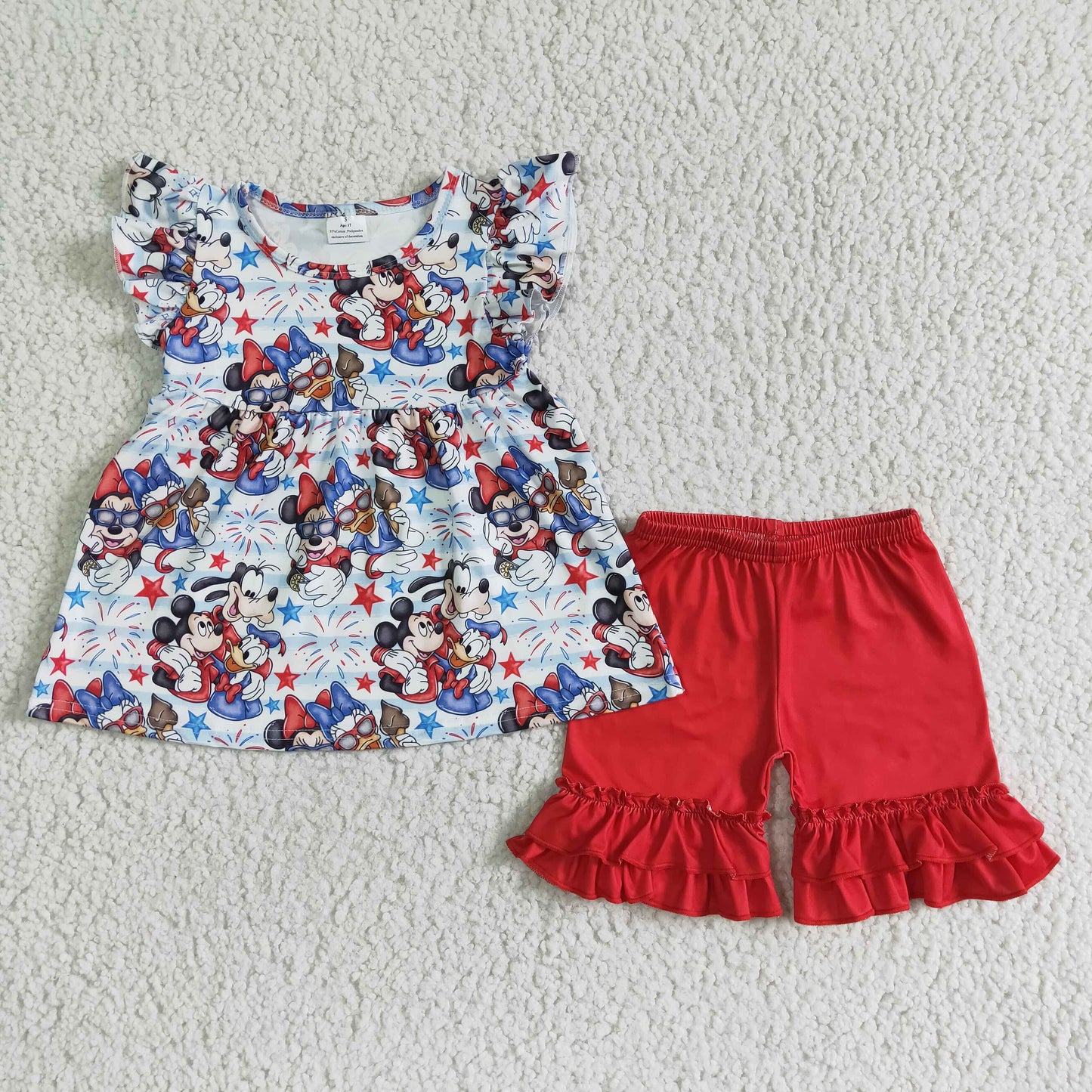 GSSO0094 4th Of July Red Blue M Cartoon Girls Flutter Sleeve Shorts Outfits