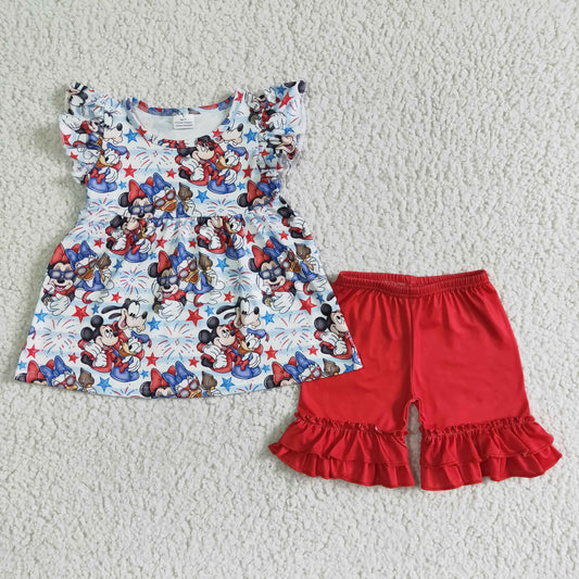 GSSO0094 4th Of July Red Blue M Cartoon Girls Flutter Sleeve Shorts Outfits