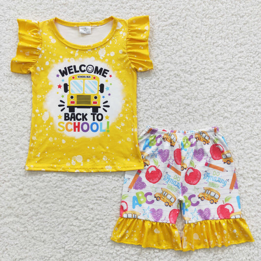 GSSO0284 Welcome Back To School Yellow Bus  Girls Short Sleeve Shorts Outfits