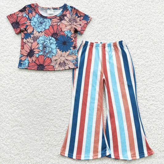 GSPO0578 Blue Red Floral Girls Short Sleeve Bell Bottom Pants Outfits