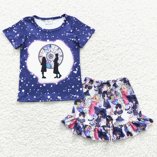 GSSO0296 Blue Purple Cartoon Girls Short Sleeve Shorts Outfits