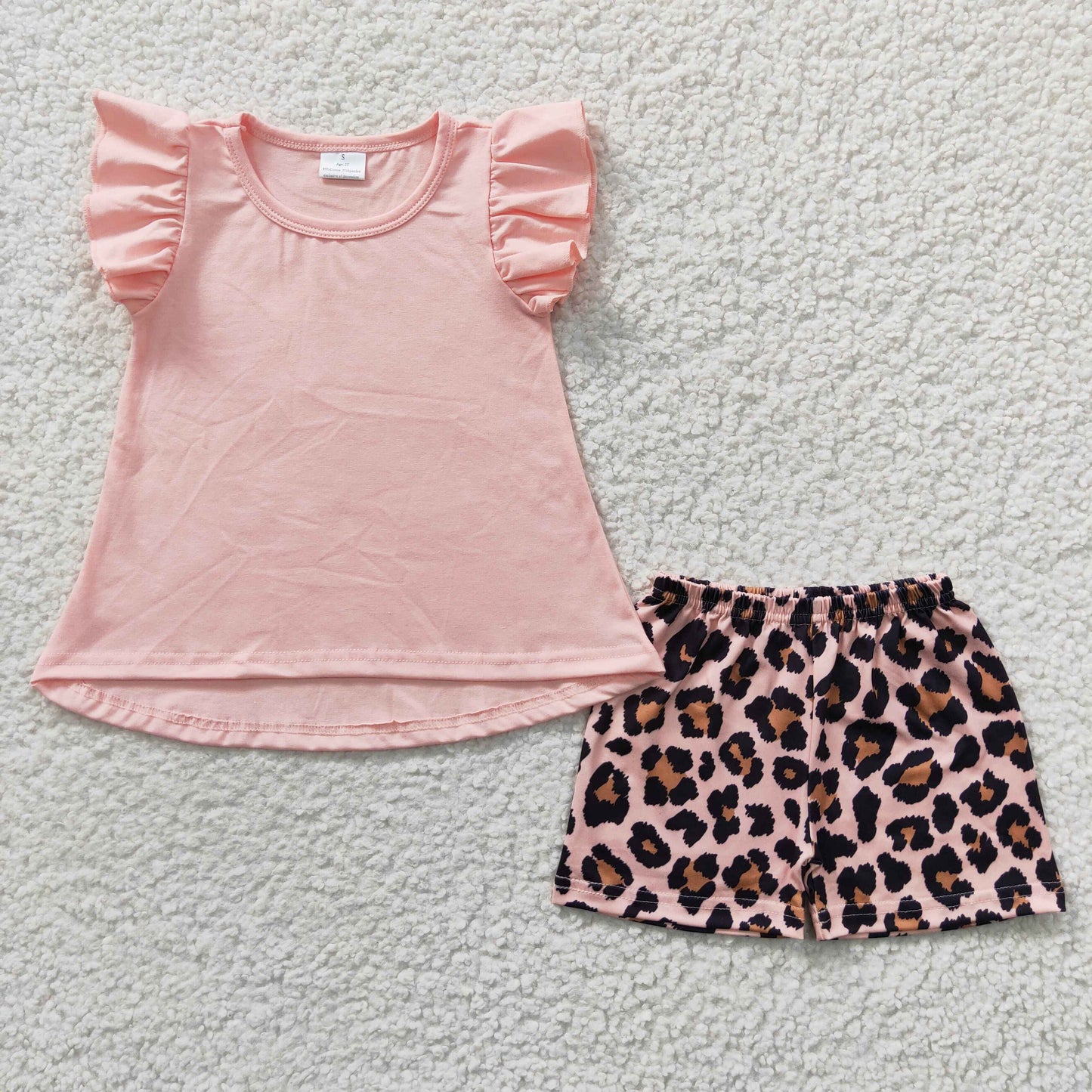 GSSO0246 Pink Leopard  Girls Short Sleeve Shorts Outfits