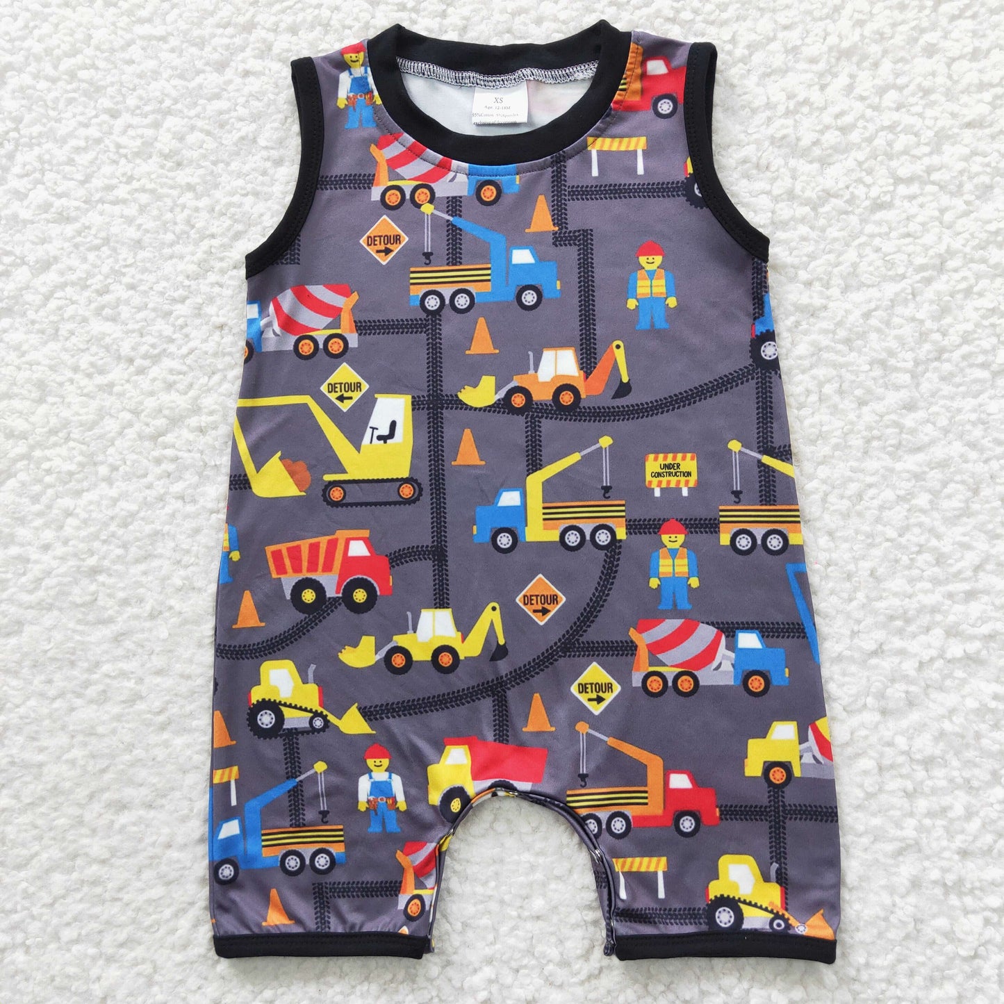 SR0341 Black Truck Worker Boys Short Sleeve Romper