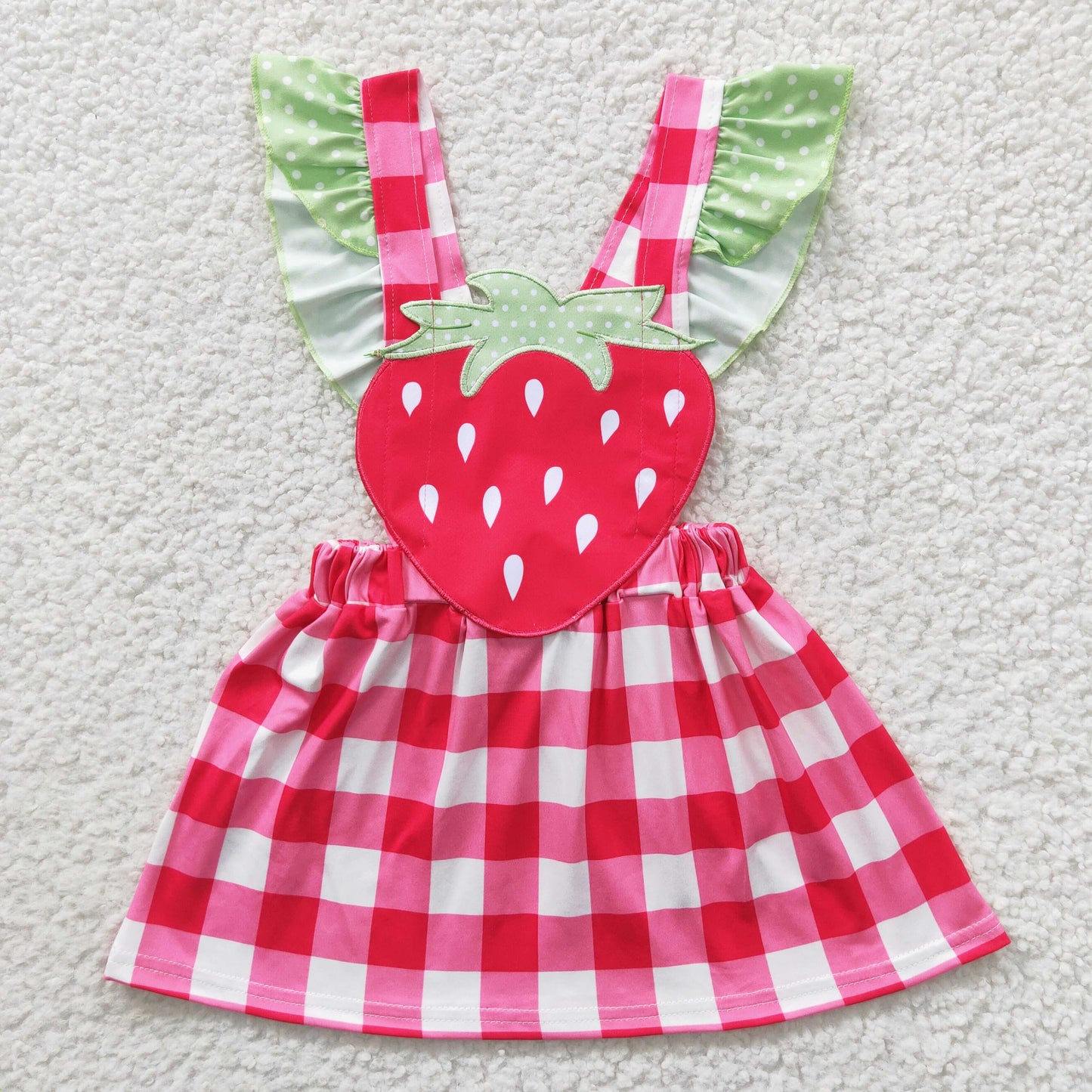 GSD0241 Red Green Plaid Strawberry Embroidery Girls Short Sleeve Dresses