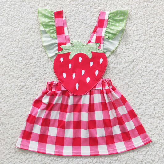 GSD0241 Red Green Plaid Strawberry Embroidery Girls Short Sleeve Dresses