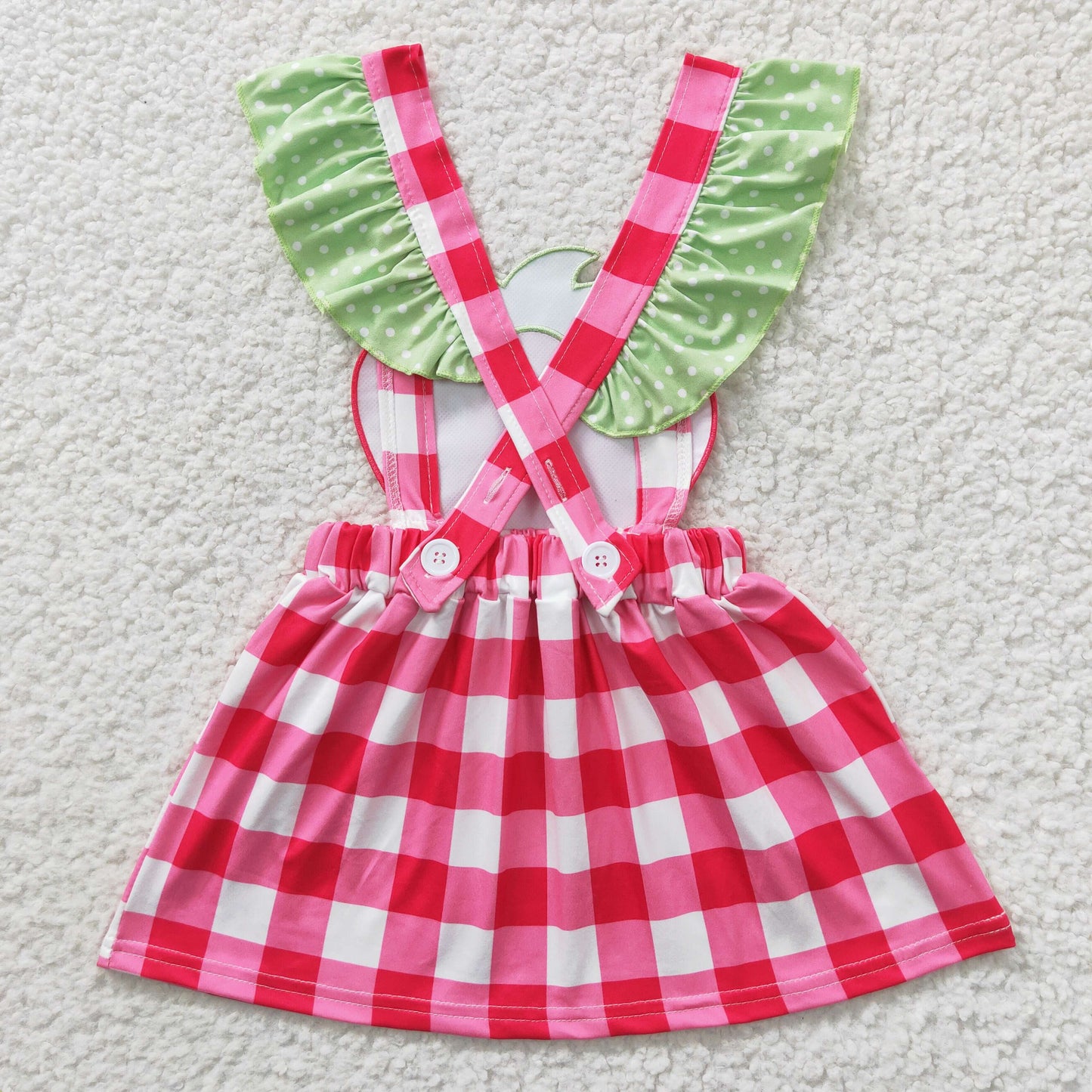 GSD0241 Red Green Plaid Strawberry Embroidery Girls Short Sleeve Dresses