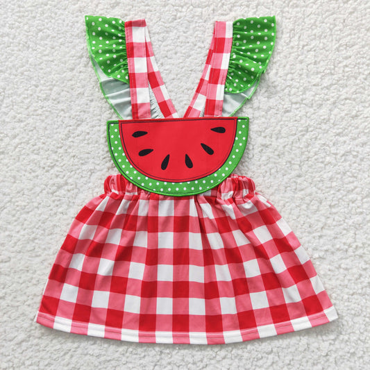 GSD0234 Red Green Plaid Watermelon Embroidery Girls Short Sleeve Dresses