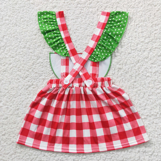 GSD0234 Red Green Plaid Watermelon Embroidery Girls Short Sleeve Dresses