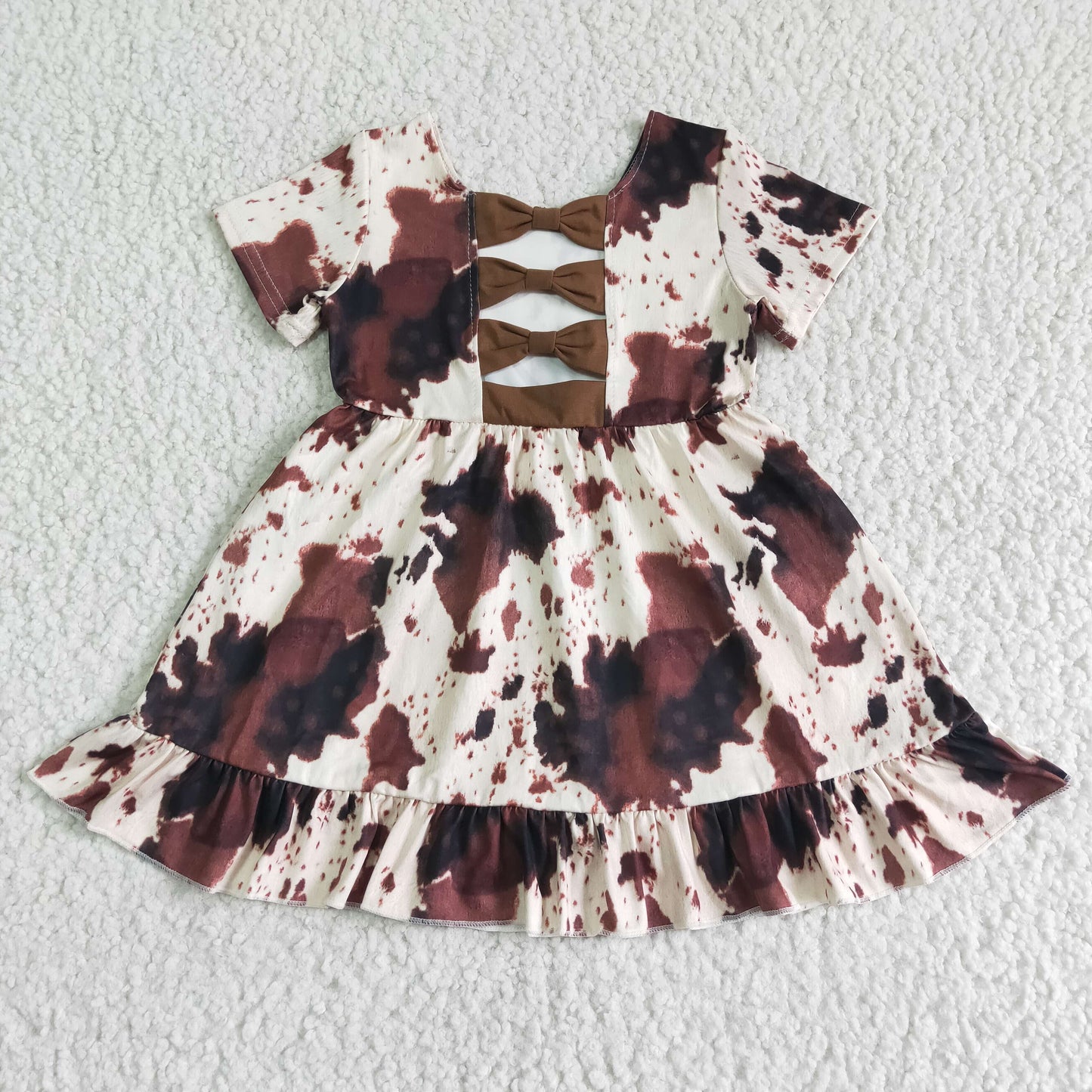 GSD0032 Brown Cow Print Girls Short Sleeve Dresses