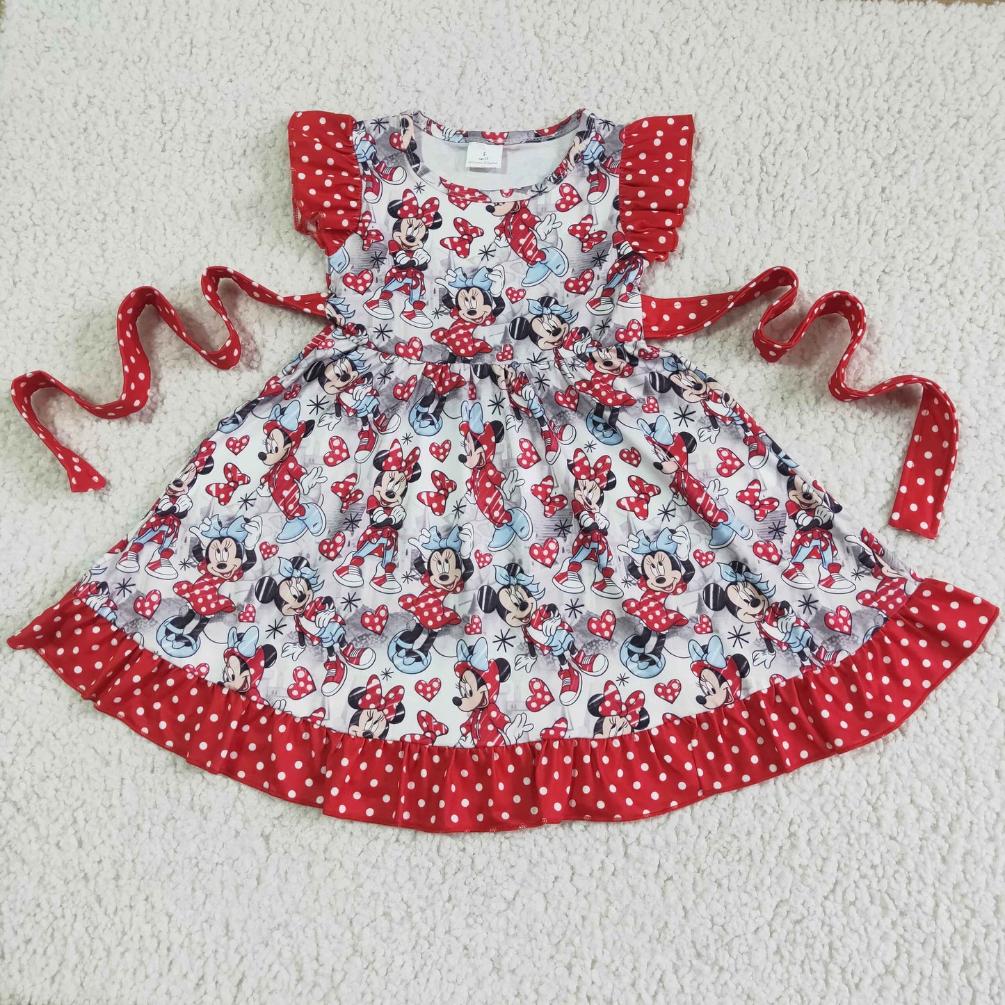 GSD0043 Red Cartoon Belt Girls Flutter Sleeve Dresses