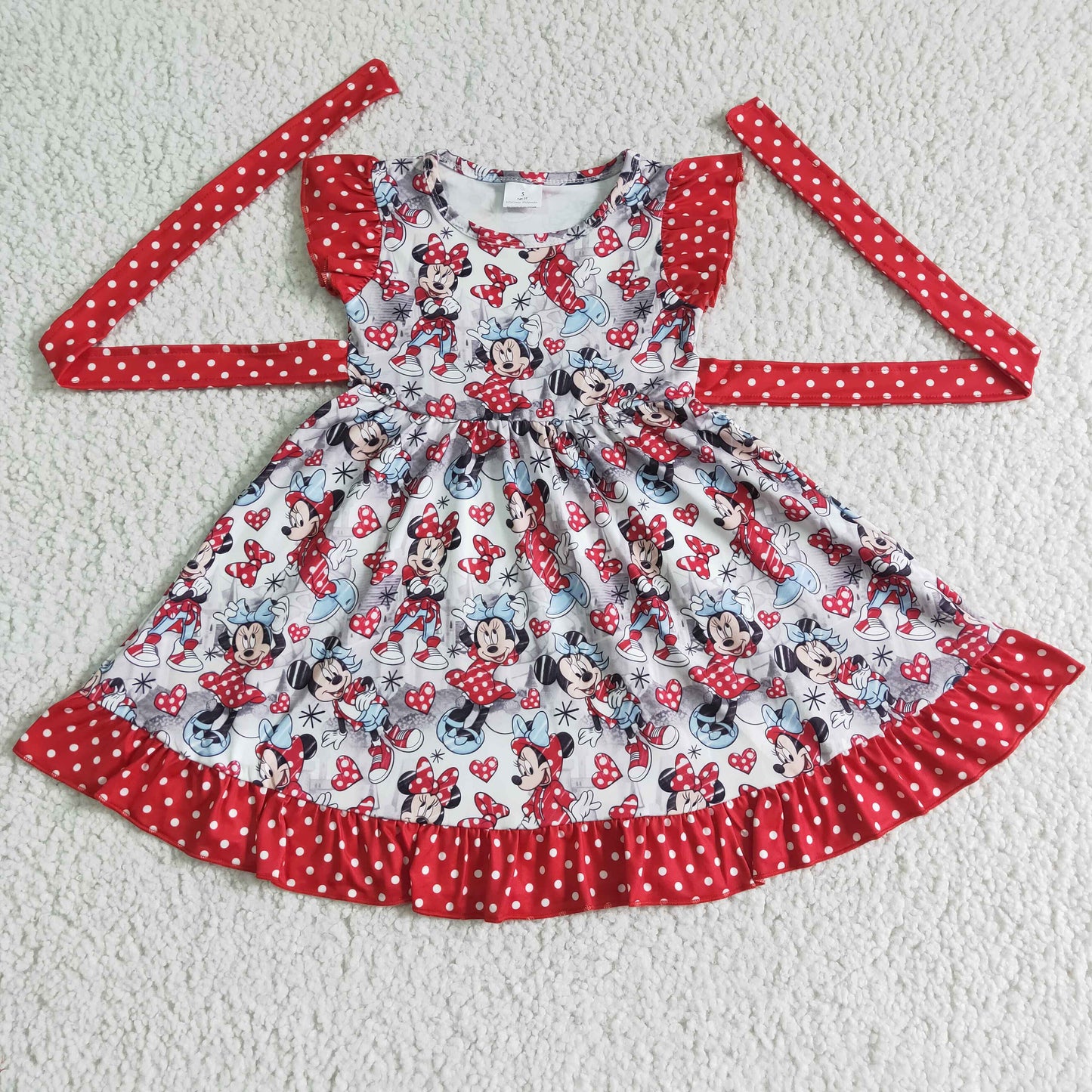 GSD0043 Red Cartoon Belt Girls Flutter Sleeve Dresses