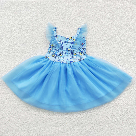 GSD0334 Blue Dog Cartoon Tulle Tutu Girls Short Sleeve Dresses