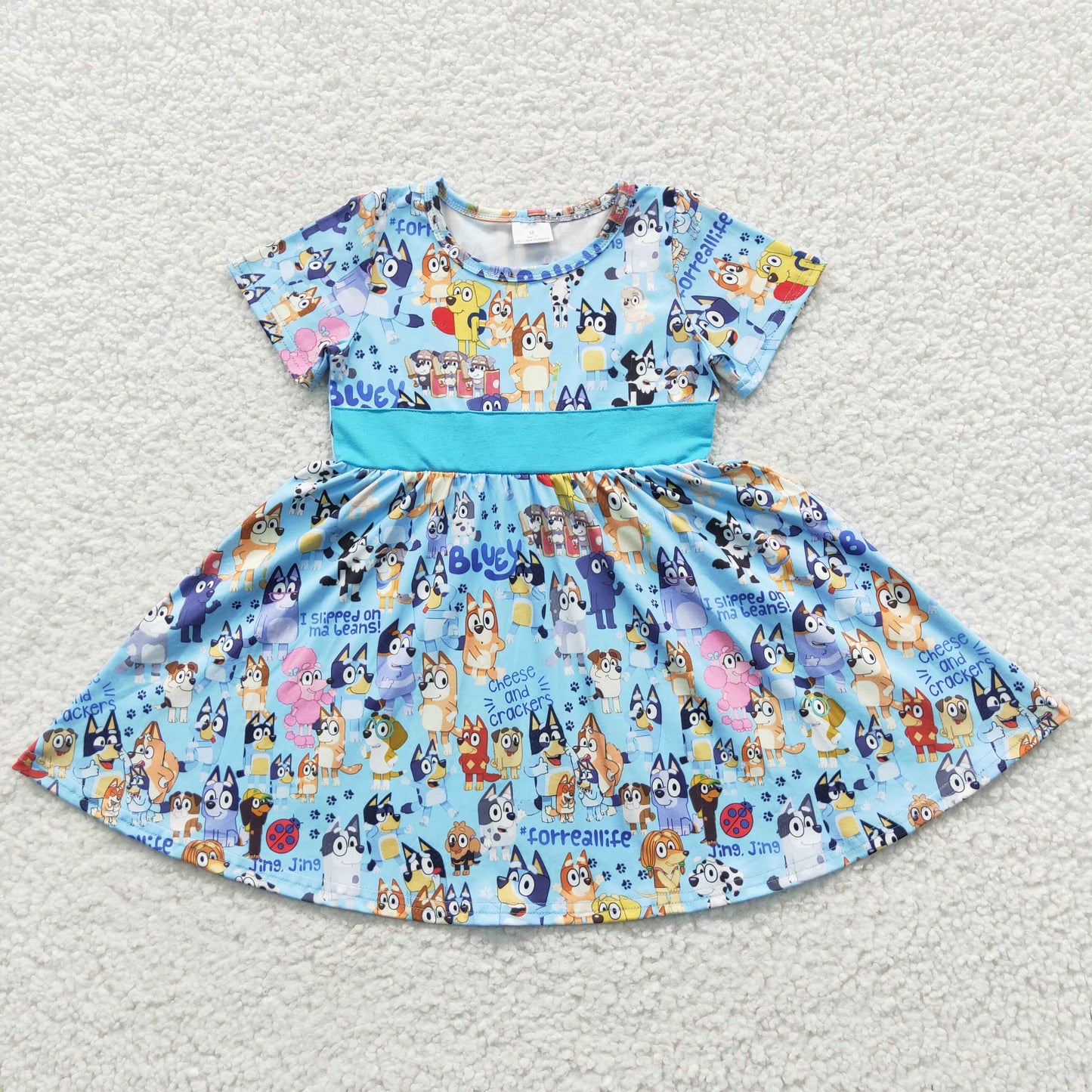 B7-4 Blue Dog Cartoon Girls Short Sleeve Dresses