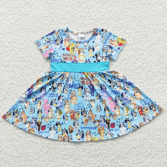 B7-4 Blue Dog Cartoon Girls Short Sleeve Dresses