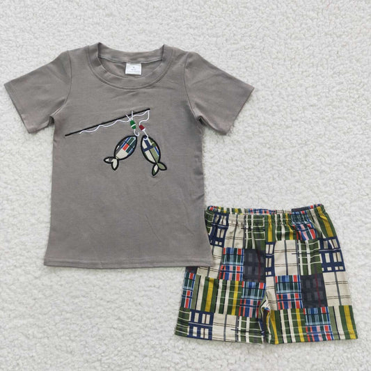 A3-12 Embroidery Grey  Fishing Boys Short Sleeve Shorts Outfits