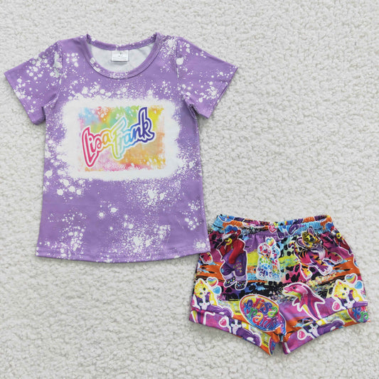 GSSO0227 Purple Tiger Cartoon Girls Short Sleeve Shorts Outfits