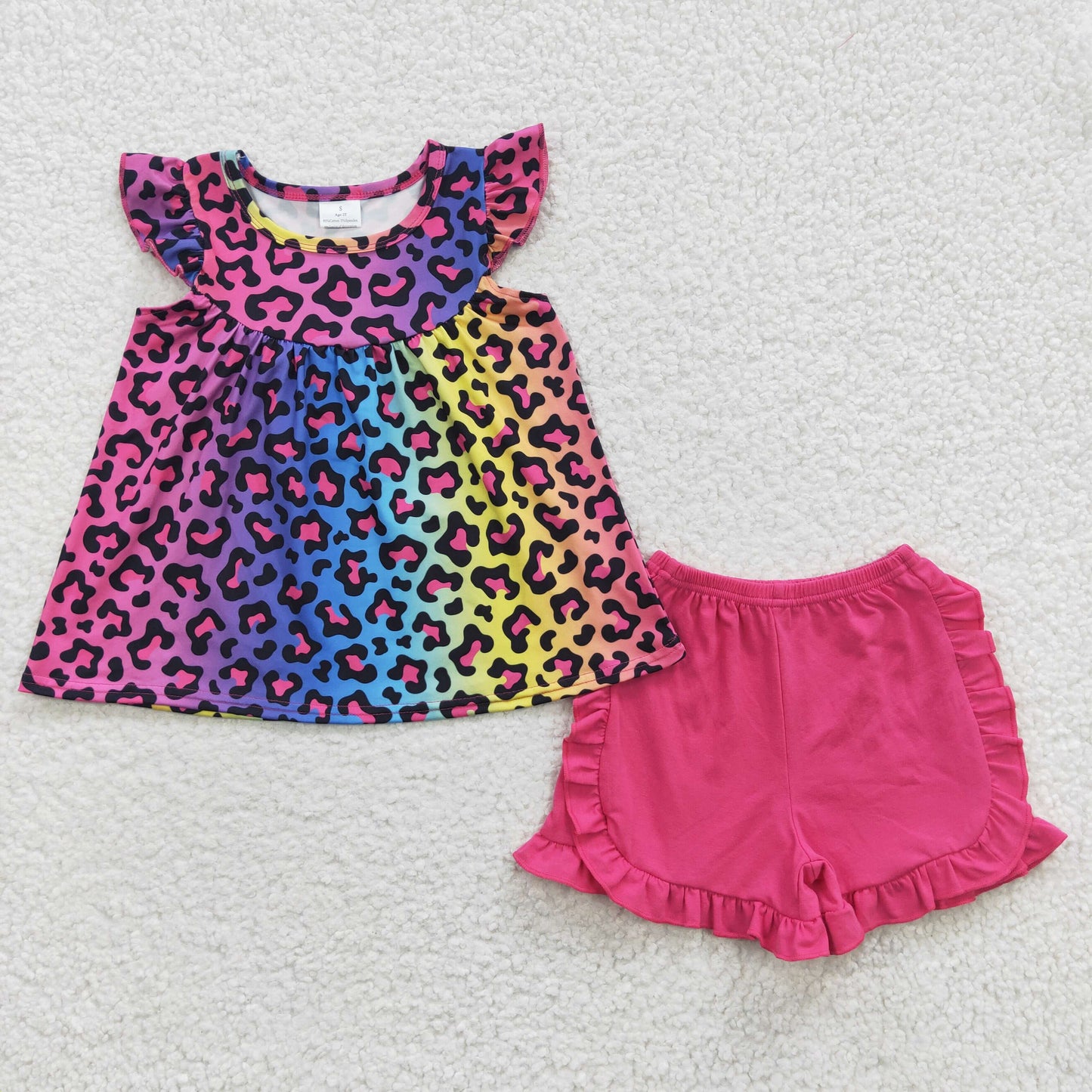 GSSO0299 Pink Leopard Girls Short Sleeve Shorts Outfits