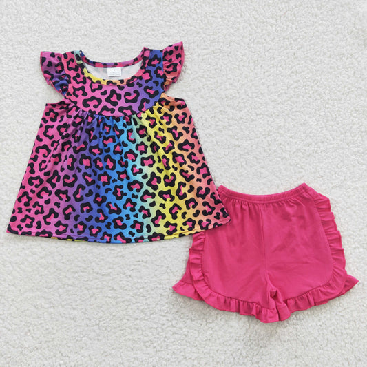 GSSO0299 Pink Leopard Girls Short Sleeve Shorts Outfits