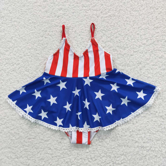 S0091 4th Of July Red Blue Starts Girls Swimming Bathing Suits Swimsuits