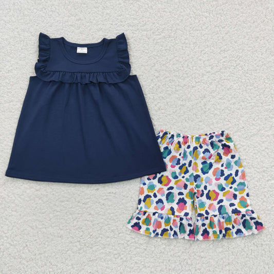 GSSO0298 Blue Leopard Girls Short Sleeve Shorts Outfits