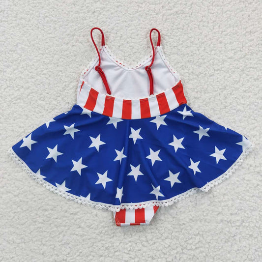 S0091 4th Of July Red Blue Starts Girls Swimming Bathing Suits Swimsuits