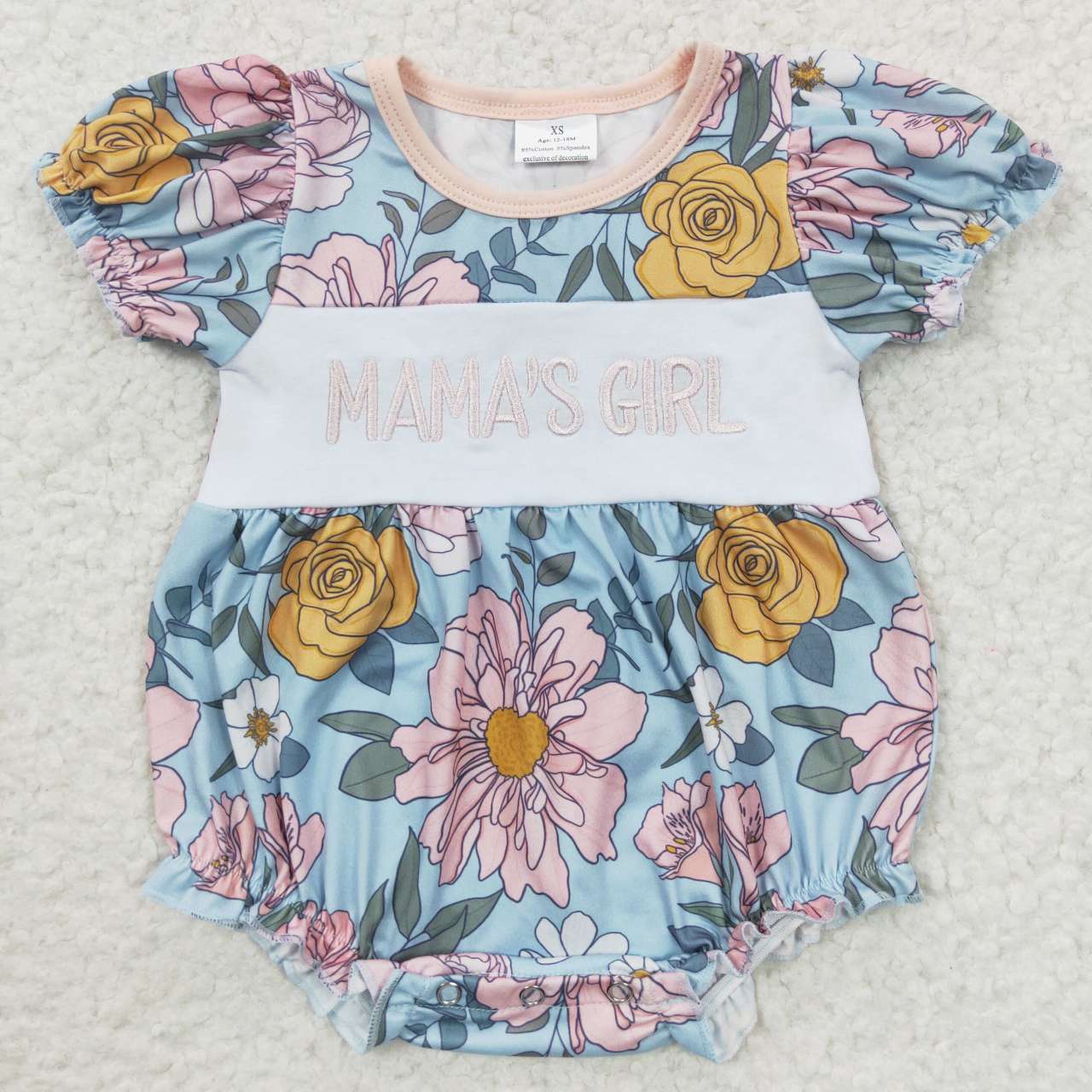 SR0344 Mama's Girl Blue Pink Floral Embroidery Girls Short Sleeve Romper