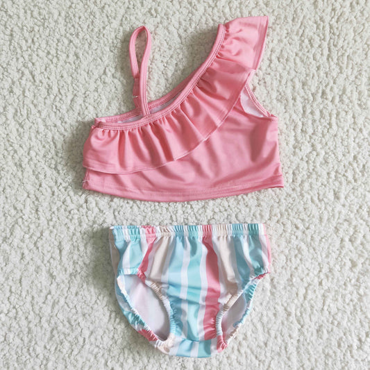 S0021 Pink Blue Stripes Girls Swimming Bathing Suits Swimsuits