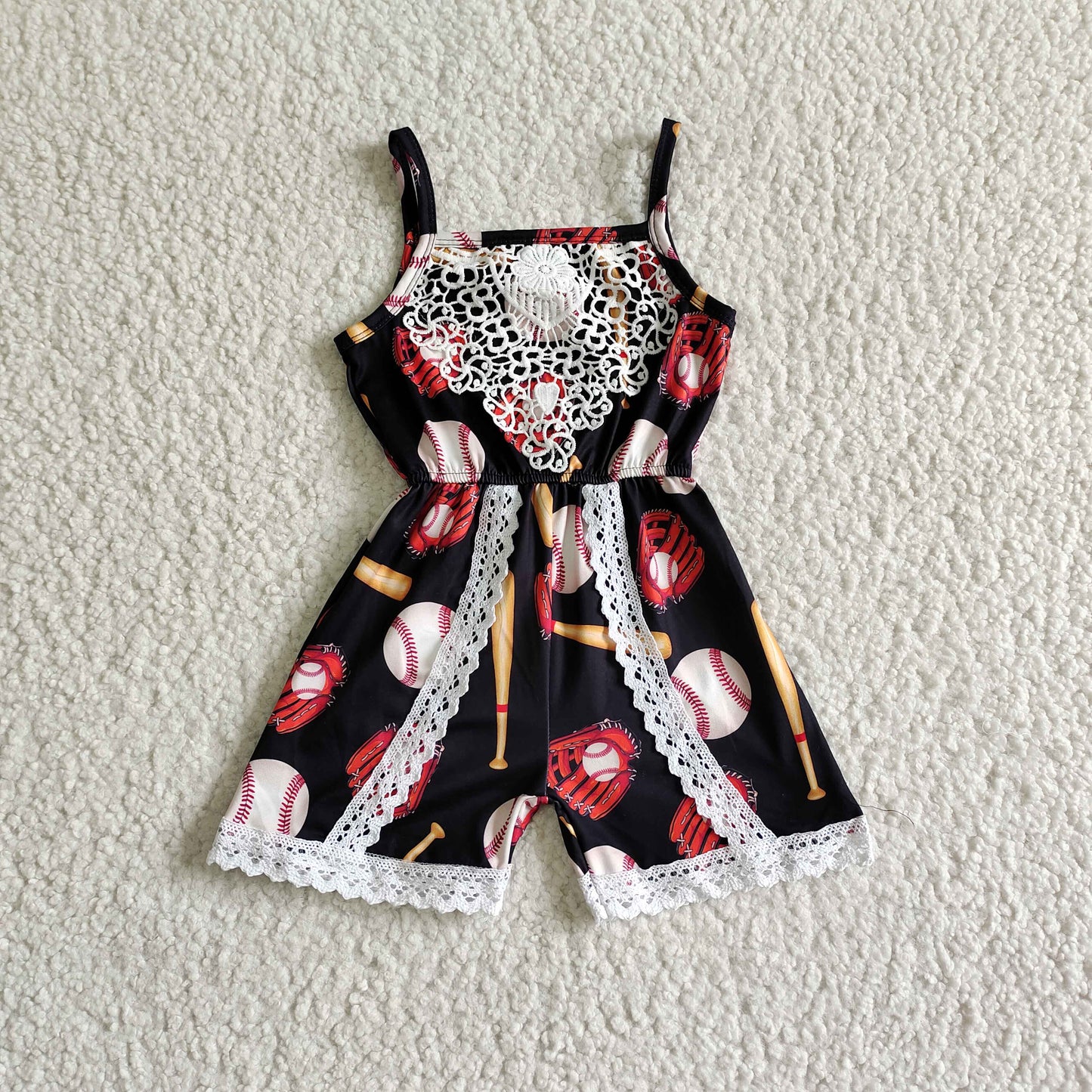 SR0031 Black Red Baseball Lace Girls Jumpsuit