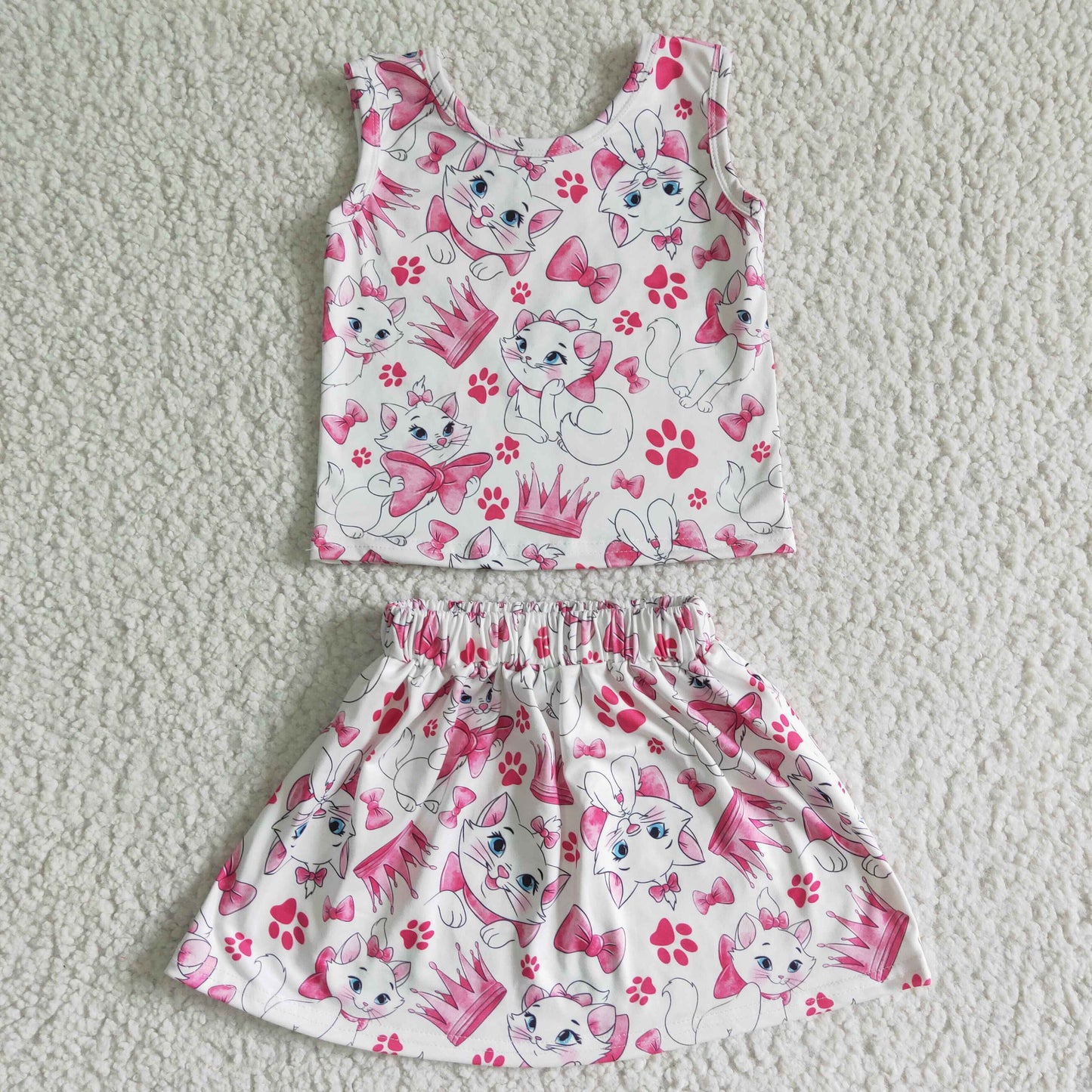 GSD0041 Pink Cat Cartoon Girls Short Sleeve With Skirt Dress Outfits