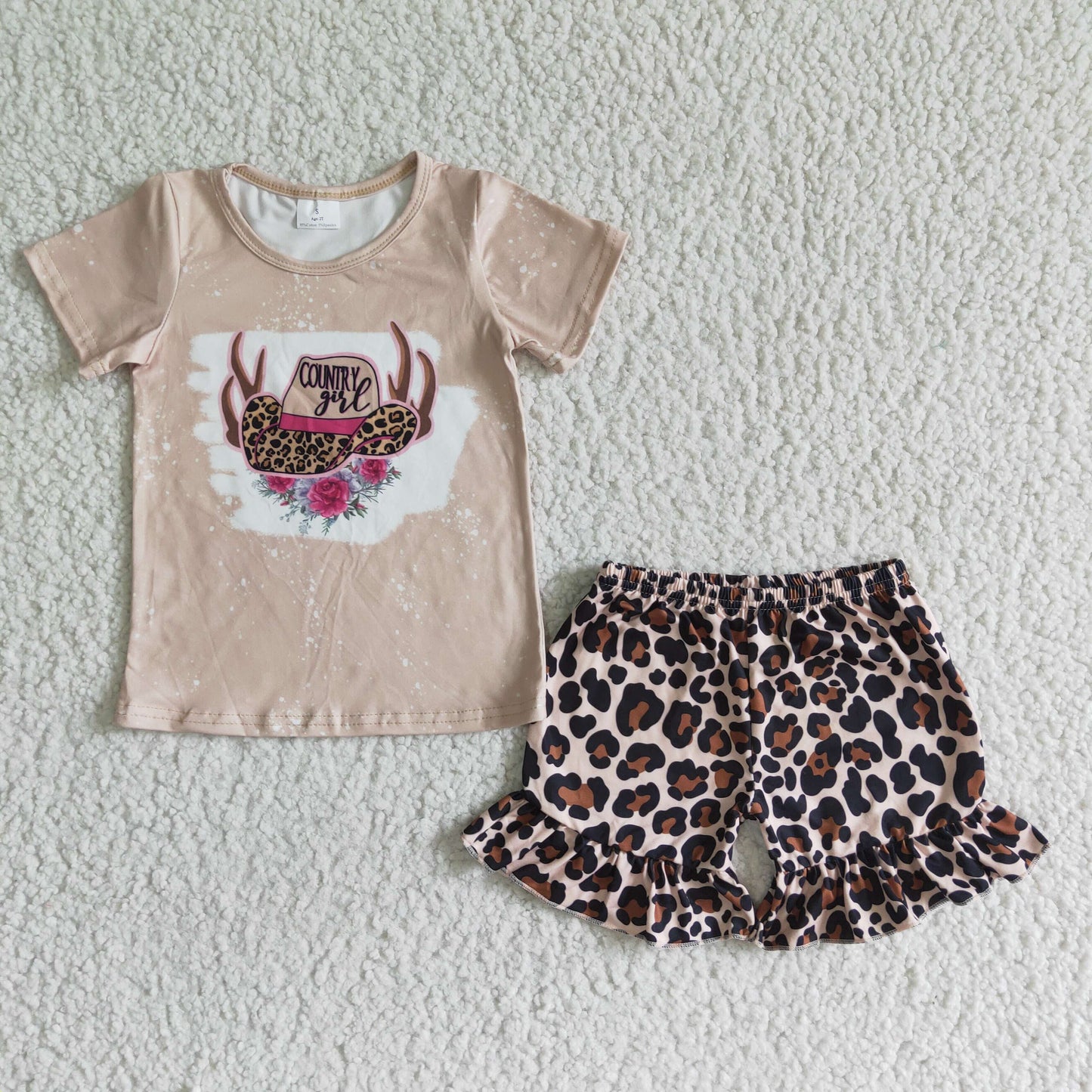 GSD0047 Leopard Hat Highland Cows Print Girls Short Sleeve Shorts Outfits