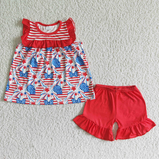 GSSO0055 4th Of July Red Blue M Cartoon Girls Flutter Sleeve Shorts Outfits