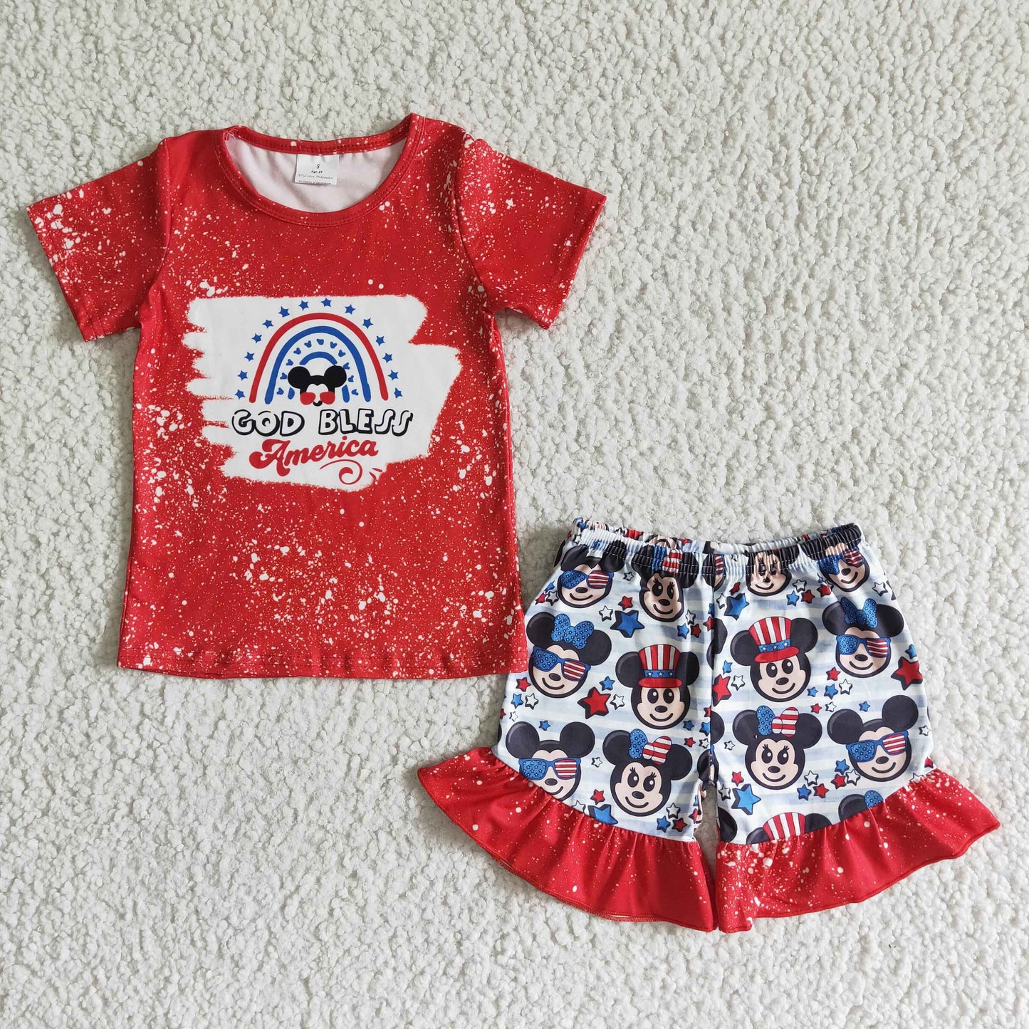 GSSO0065 4th Of July Red Blue M Cartoon God Bless Girls Short Sleeve Shorts Outfits