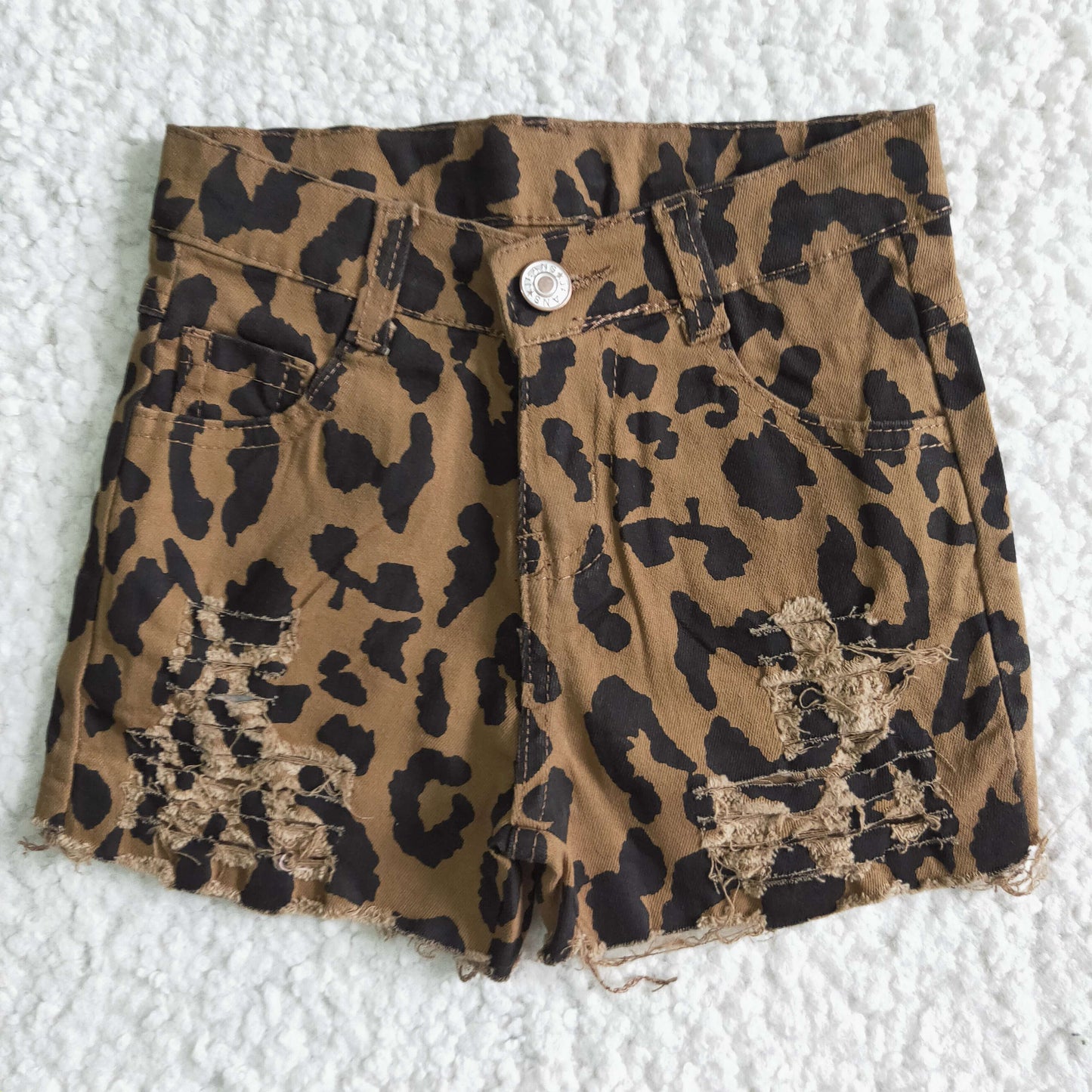 B4-16 Leopard Print Short Denim Jeans