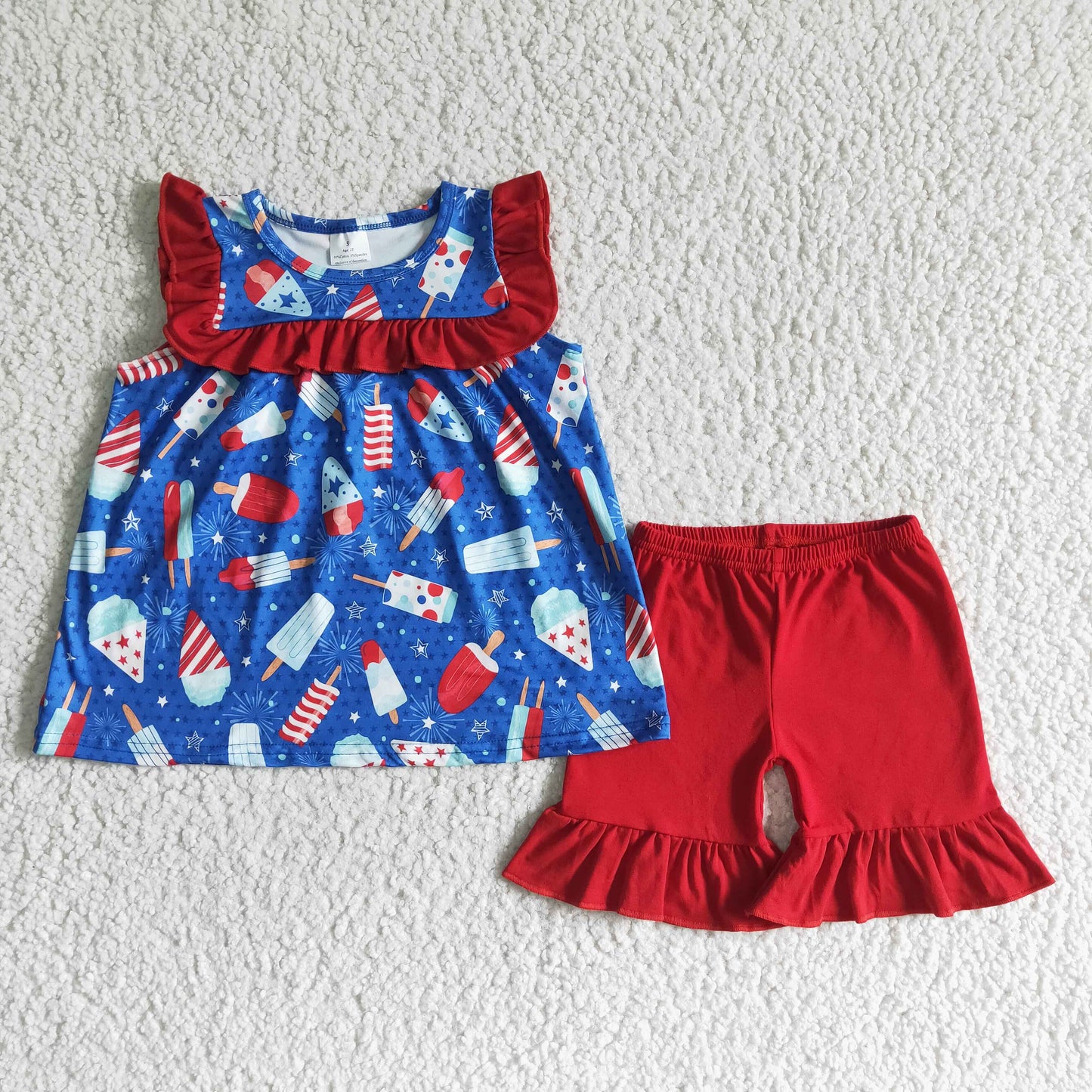 GSSO0044 4th Of July Blue Red Ice Girls Flutter Sleeve Shorts Outfits